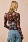 Shop Flower Printed Sheer Mesh Top with Thumb Opening-This stunning sheer mesh blouse features a romantic floral print in soft pink and coral tones against a dark base. Stretchy semi-transparent mesh fabric.-Reef Love Boho-Chic Boutique