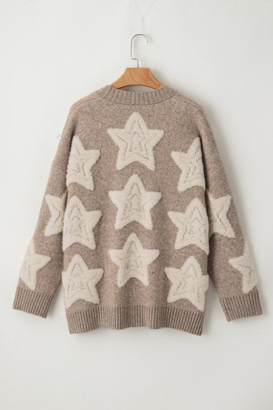 Star Sherpa Textured Sweater Cardigan-JUNIPER BLVD-Reef Love