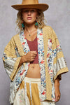 Shop POL Raw Edge Open Front Patchwork Cardigan with Floral Trim-available at Reef Love online boho-chic boutique