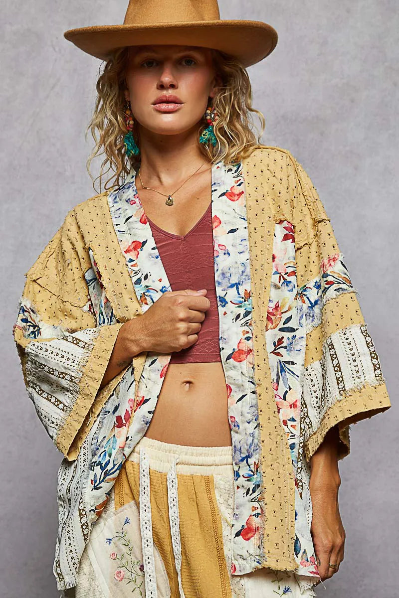 Shop POL Raw Edge Open Front Patchwork Cardigan with Floral Trim-available at Reef Love online boho-chic boutique