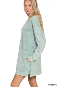French Terry Ash Blue Acid Washed Mini Dress with Pockets-ZENANA-Reef Love