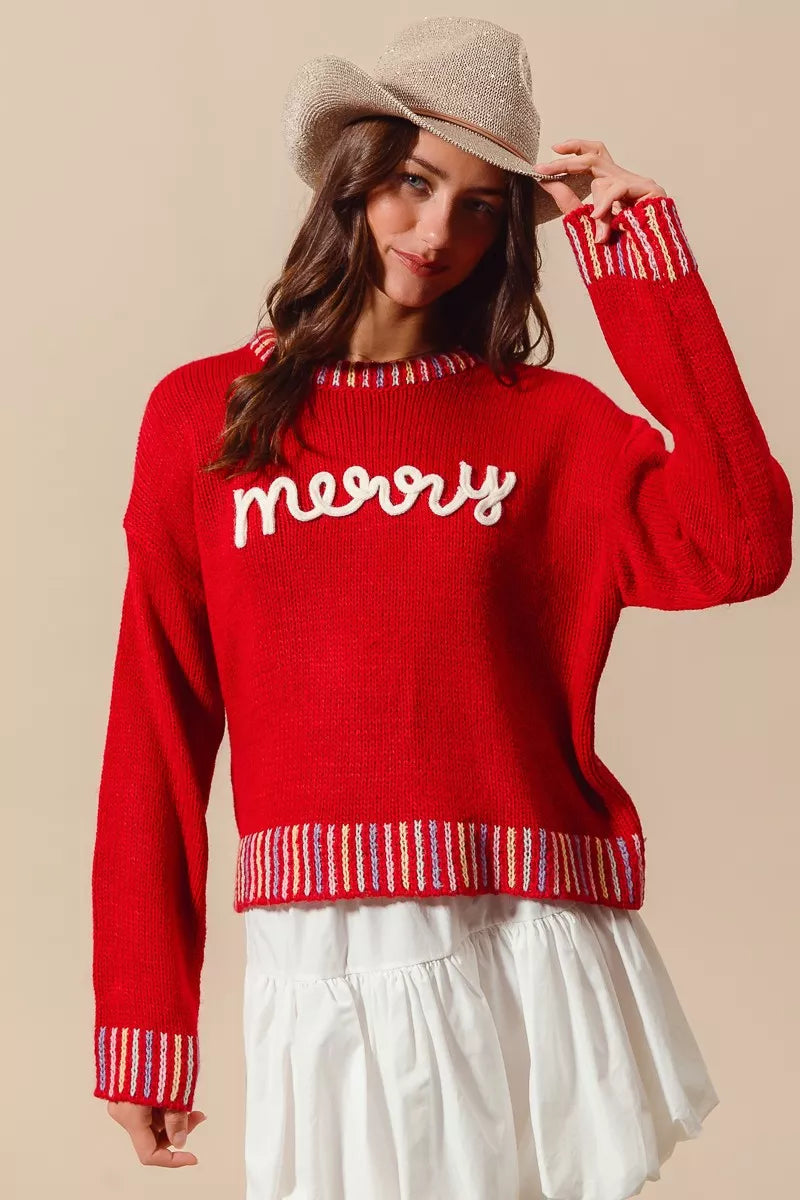 Merry Embroidered Christmas Sweater-Reef Love