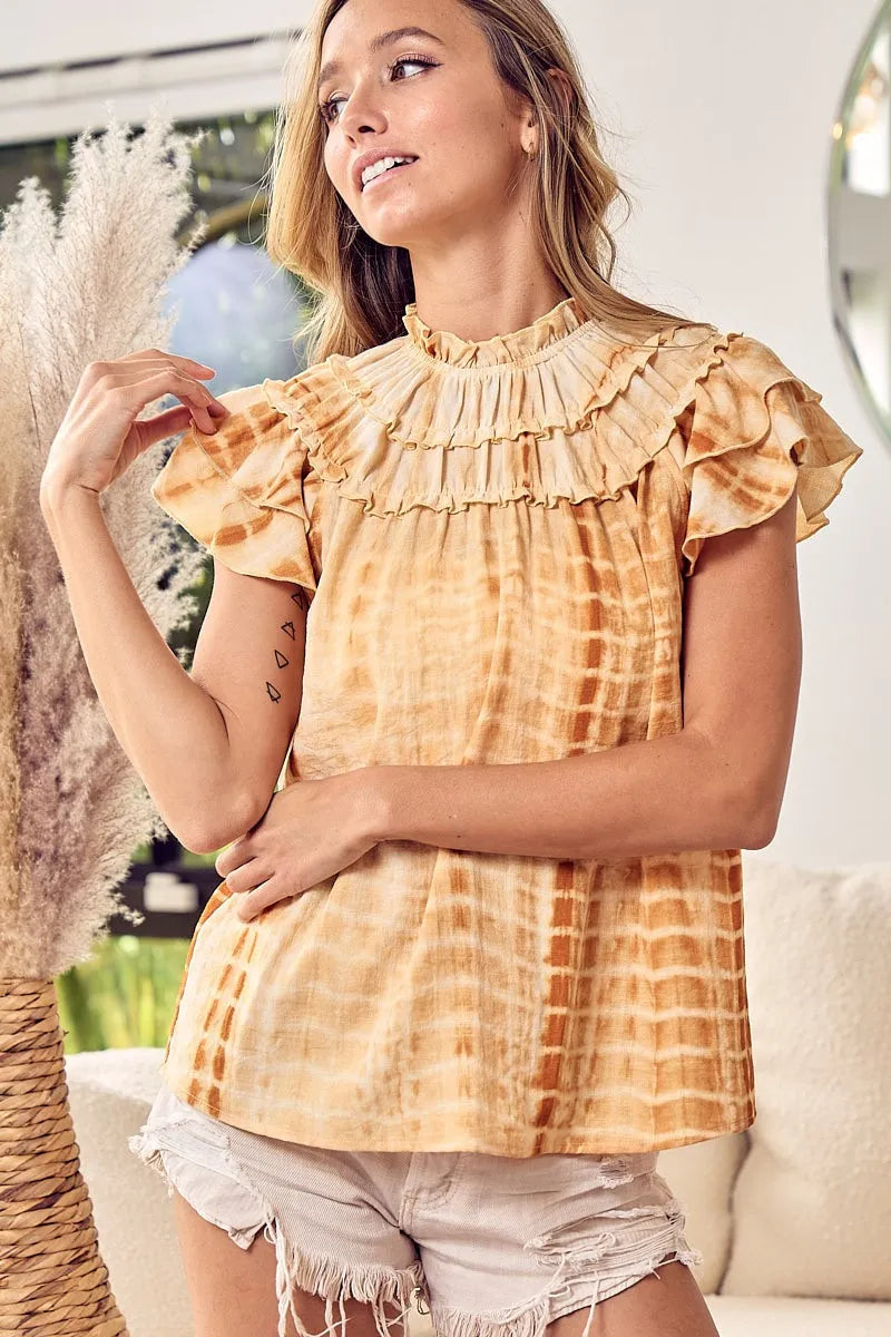 Tiered Ruffle Neck Tie Dye Top-Reef Love