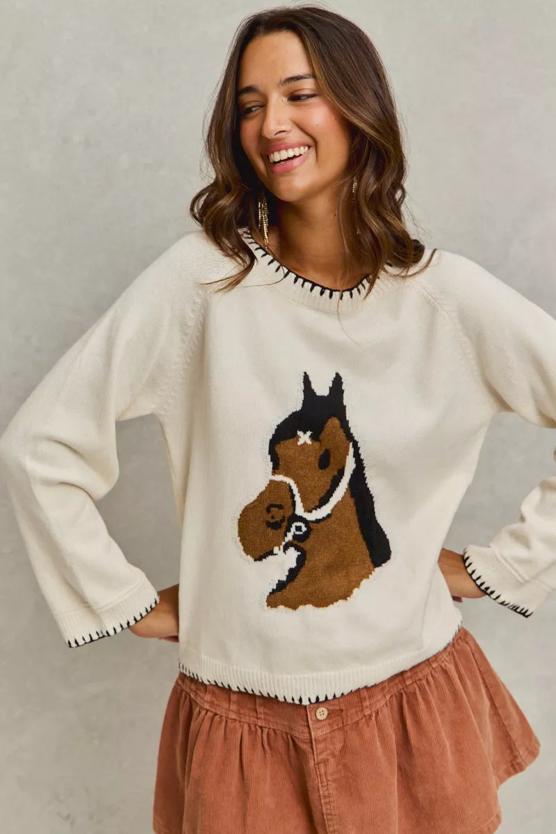 Horse Knit Sweater Top with Blanket Stitch-Sweater-Reef Love