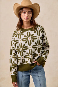 BiBi Flower Pattern Long Sleeve Sweater-Reef Love Boutique
