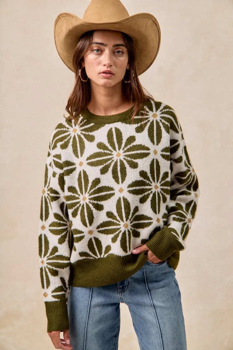 BiBi Flower Pattern Long Sleeve Sweater-Reef Love Boutique