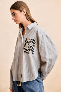 Flower Jacquard Knit Patch Pocket Stripe Shirt-BiBi-Reef Love