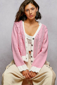 Pink Button Down Cable-Knit Cardigan-POL-Reef Love