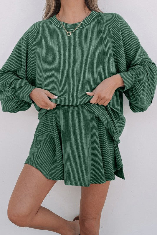 Corded Top and Ruffle Mini Skirt Outfit Set-Reef Love