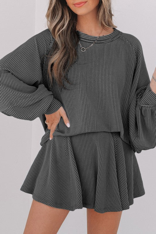 Corded Top and Ruffle Mini Skirt Outfit Set-Reef Love