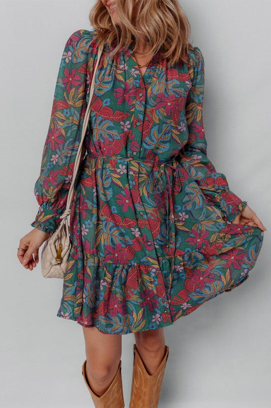 Floral Frilled V-Neck Puff Sleeve Ruffle Shirt Dress-JUNIPER BLVD-Reef Love
