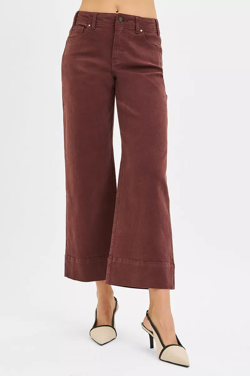 RISEN Tummy Control High Rise Crop Wide Pants, Cocoa Brown-RISEN-Reef Love