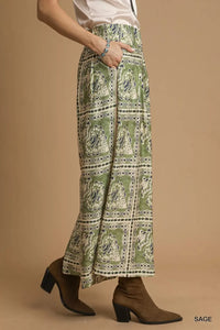 Sage Bohemian Print Wide-Leg Pants with Pockets