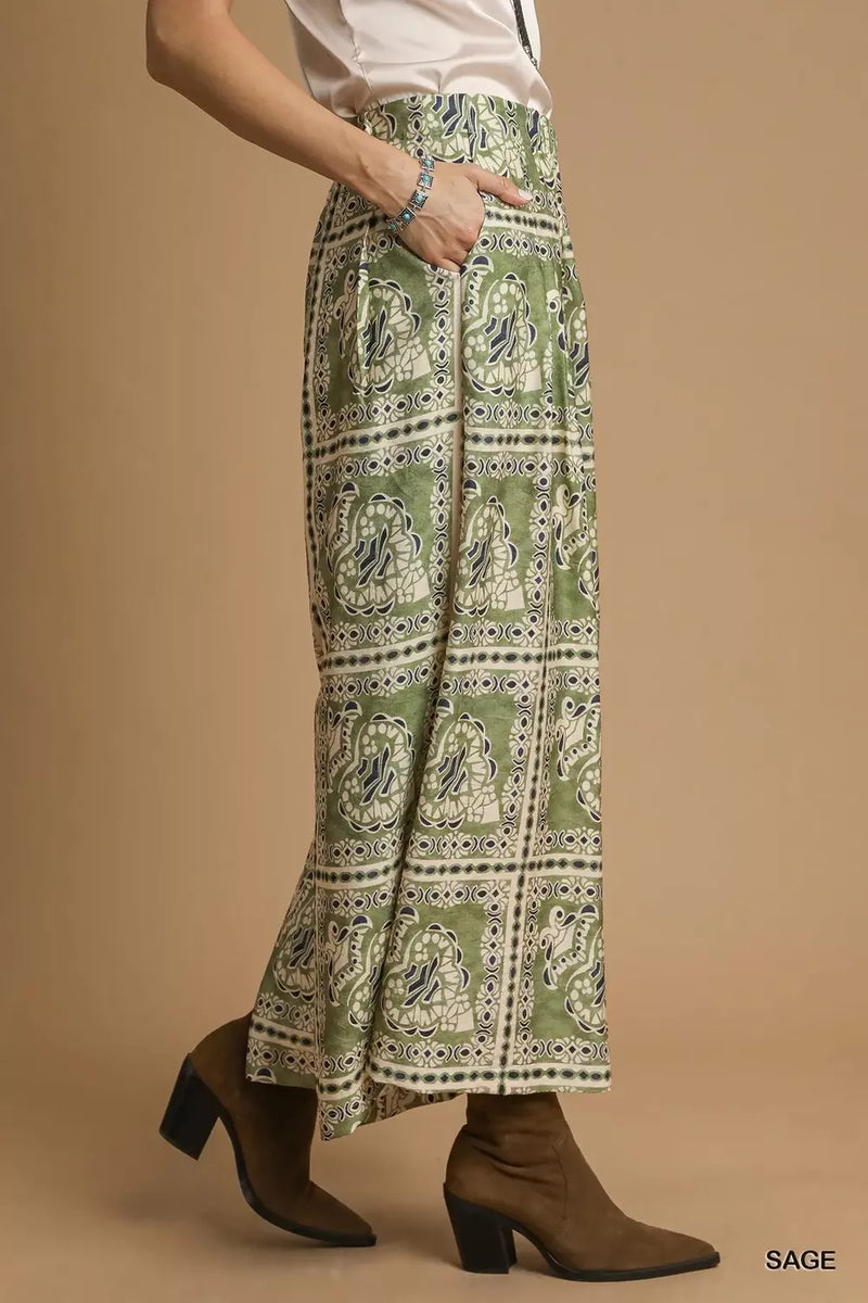 Sage Bohemian Print Wide-Leg Pants with Pockets