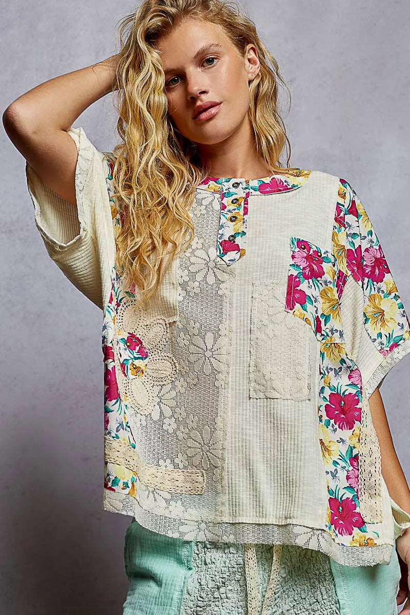 Lace Short Sleeve Floral Pattern Top with Patch Detail
