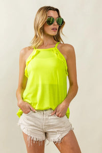 French Terry Knit Ruffled Neon Yellow Sleeveless Top-Tank Top-Reef Love