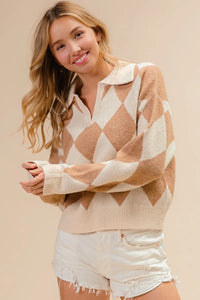 Shop Diamond Pattern Collared Notch Neck Sweater-Chic and cozy, the Diamond Pattern Collared Notch Neck Sweater, classic argyle design, soft knit fabric, timeless polo collar. Effortless everyday elegance.-Reef Love Boho-Chic Boutique