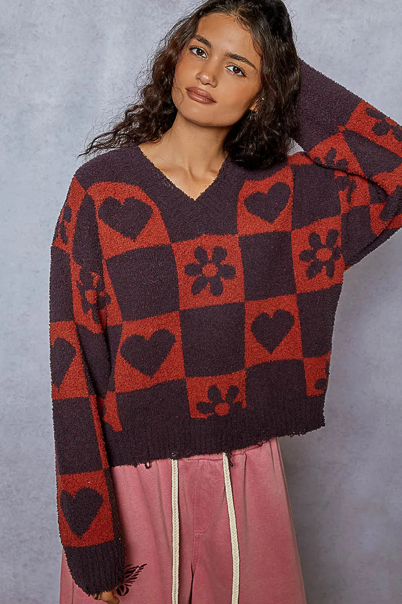 V-Neck Heart Pattern Checkered Oversized Sweater