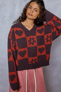 V-Neck Heart Pattern Checkered Oversized Sweater