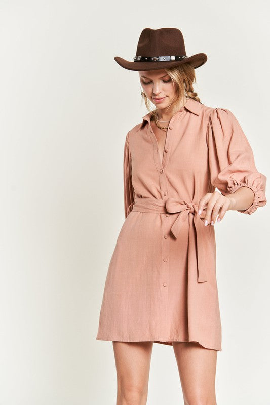 Half-Sleeve Belted Mini Shirt Dress-Chic half sleeve belted mini shirt dress with button-down front and balloon sleeves. Lightweight linen-viscose blend, perfect for warm-weather style.-Reef Love Boho-Chic Boutique