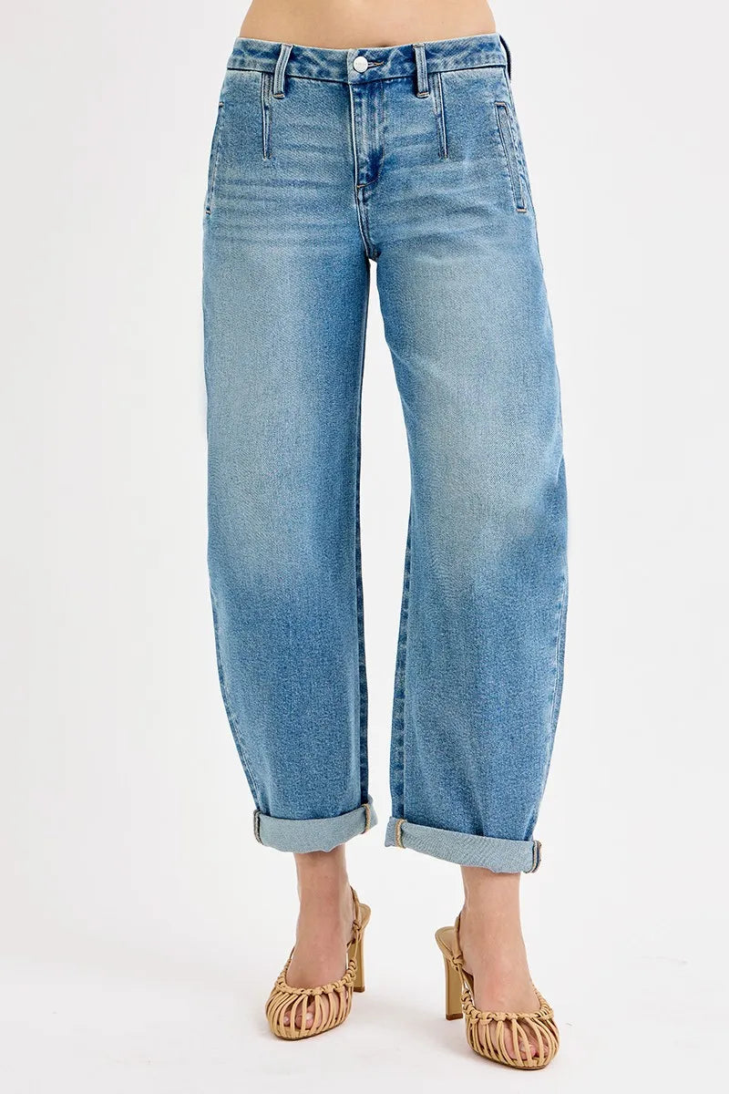 Shop Mid Rise Barrel Cuffed Jeans-Upgrade your denim with Barrel Cuffed Cropped Jeans. Designed for modern style with a relaxed barrel leg, rolled cuffs, and vintage blue wash. In plus size too.-Reef Love Boho-Chic Boutique