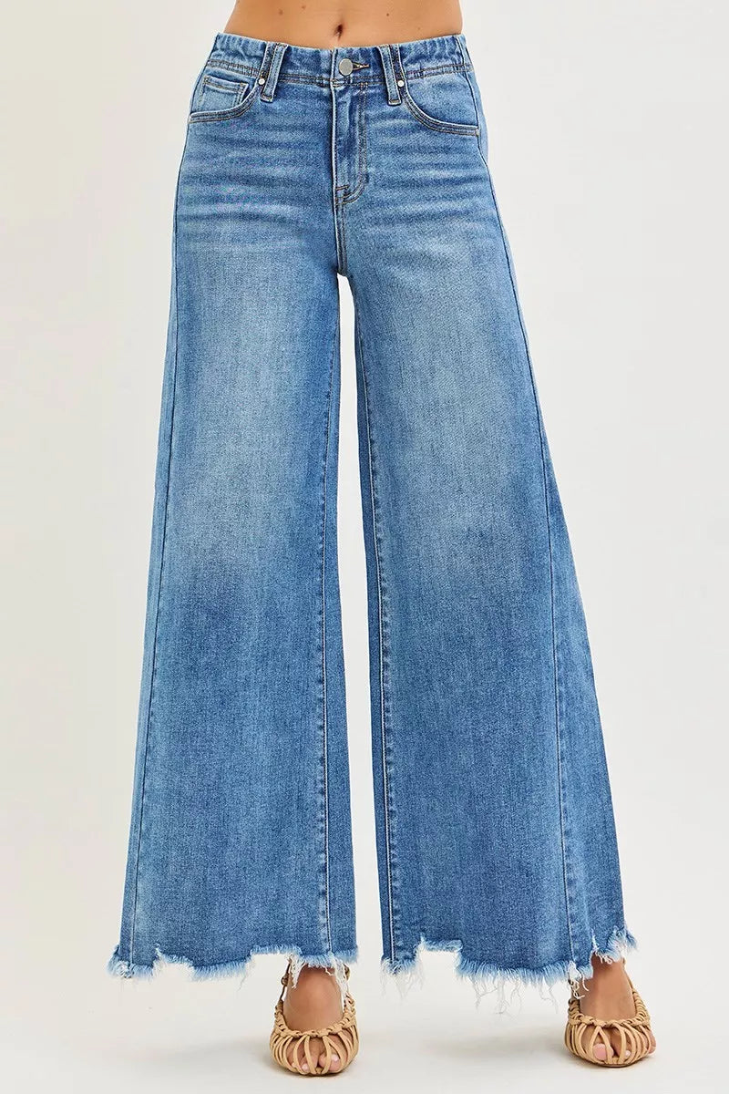 RISEN High Rise Raw Hem Ankle Wide Jeans, Medium Wash-RISEN-Reef Love