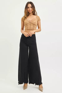 RISEN Tummy Control High Rise Palazzo Wide Leg Frayed Hem Jeans, Black-RISEN-Reef Love