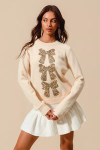 Sequins Gold Bow Embellished Christmas Sweater-Reef Love