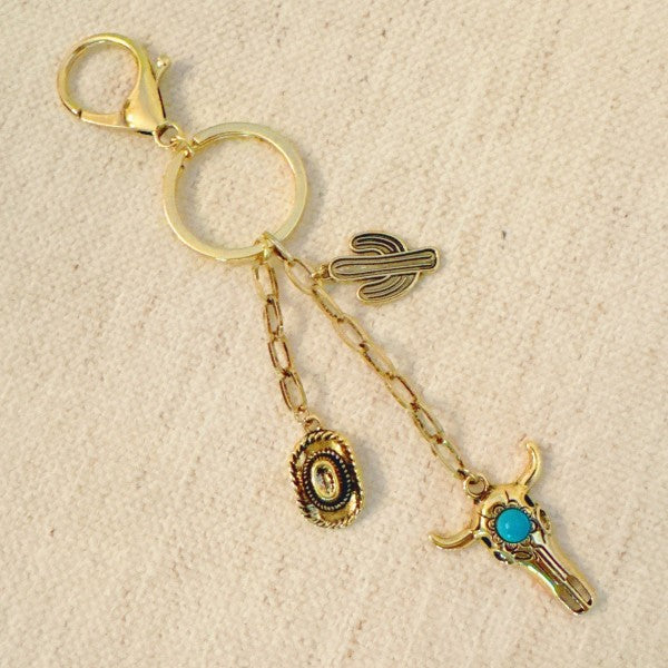 Western Rodeo Handbag Charm – Bull Skull & Cactus