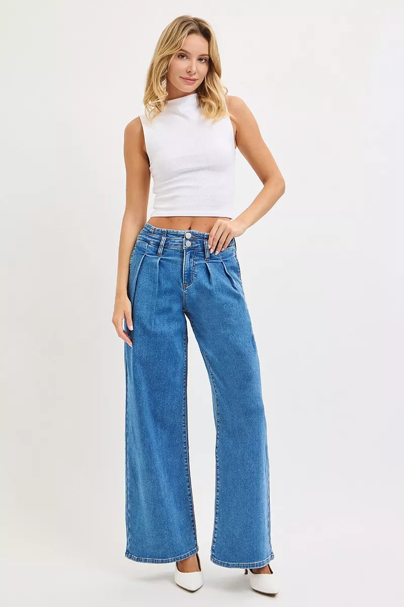 RISEN Full Size Mid Rise Fit Wide Leg with Pleated Detail Jeans Plus Size
