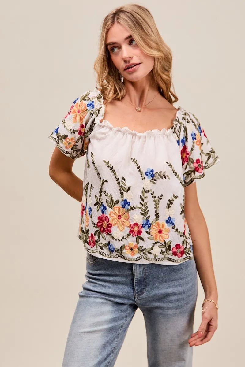 Floral Embroidered On Or Off The Shoulder Blouse-Floral embroidered blouse with on or off the shoulder styling. Feminine ruffles, colorful detailing, and soft rayon blend. A versatile wardrobe must-have.-Reef Love Boutique