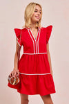 Gameday Ruffle Tier Mini Dress-Get gameday ready in this red tiered dress with contrast binding and ruffled details. A sporty-chic cotton favorite with playful details ready for football. -Reef Love Boutique