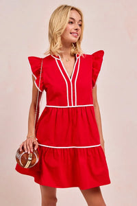 Gameday Ruffle Tier Mini Dress-Get gameday ready in this red tiered dress with contrast binding and ruffled details. A sporty-chic cotton favorite with playful details ready for football. -Reef Love Boutique