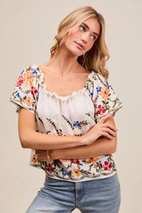 Floral Embroidered On Or Off The Shoulder Blouse-Floral embroidered blouse with on or off the shoulder styling. Feminine ruffles, colorful detailing, and soft rayon blend. A versatile wardrobe must-have.-Reef Love Boutique