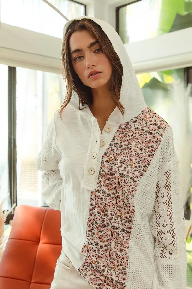 Woman wearing Slub Jersey with Lace Combo Buttoned Hoodie Top-This slub jersey with lace combo buttoned hoodie top blends casual comfort with feminine elegance through its lace detailing and buttoned hoodie design. 