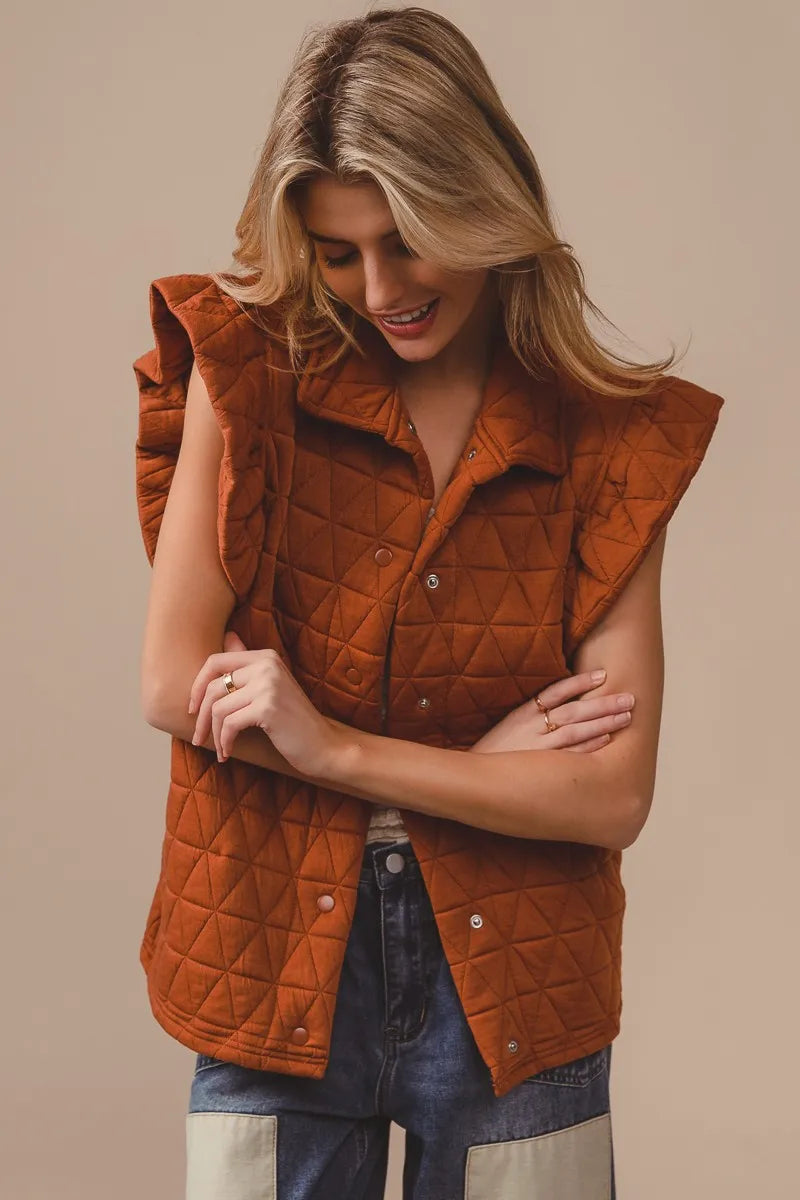 Quilting Knit Ruffle Sleeve Vest, Rust