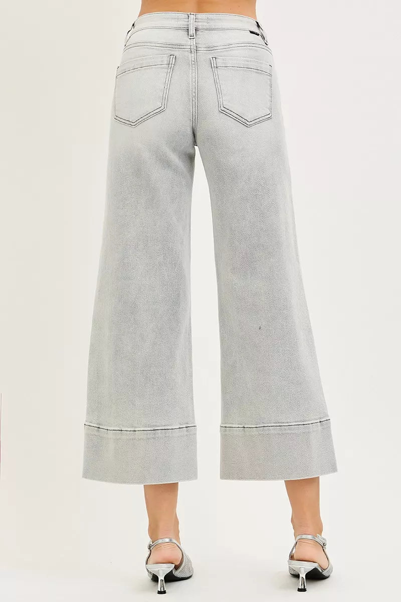 RISEN Tummy Control Mid Rise Crop Wide Pintuck Front Jeans, Grey Wash-RISEN-Reef Love