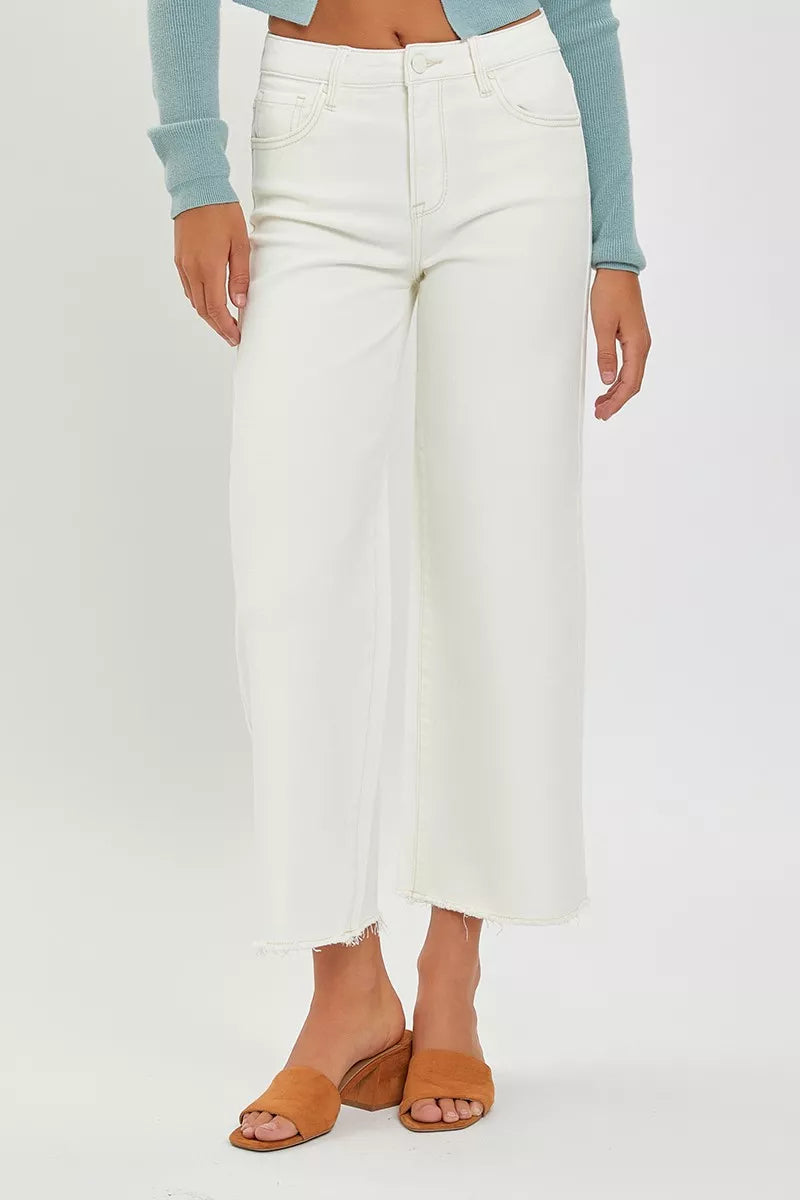 RISEN Tummy Control High Rise Crop Raw Edge Wide Leg Jeans, Winter White-RISEN-Reef Love
