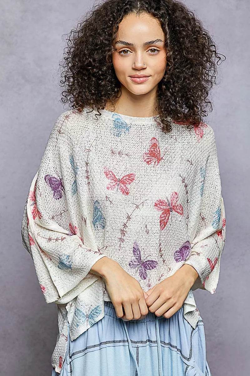 Butterflies Knit Top with Outseam Rolling Edge-POL-Reef Love