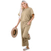 Textured, stretchy, and comfy. This two piece cropped pant with short sleeve top is a great travel set to stay comfortable in the car or plane. Available in a variety of colors and extended sizes.