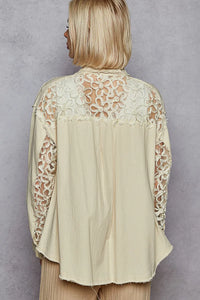Shop POL Button Down Raw Edg Shirt with Pearl Lace Patch-available at Reef Love online boho-chic boutique