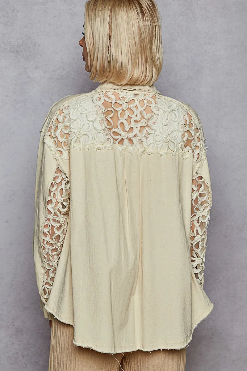 Shop POL Button Down Raw Edg Shirt with Pearl Lace Patch-available at Reef Love online boho-chic boutique
