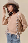 Checkered Plaid Tape Lace Up Sweater, Beige