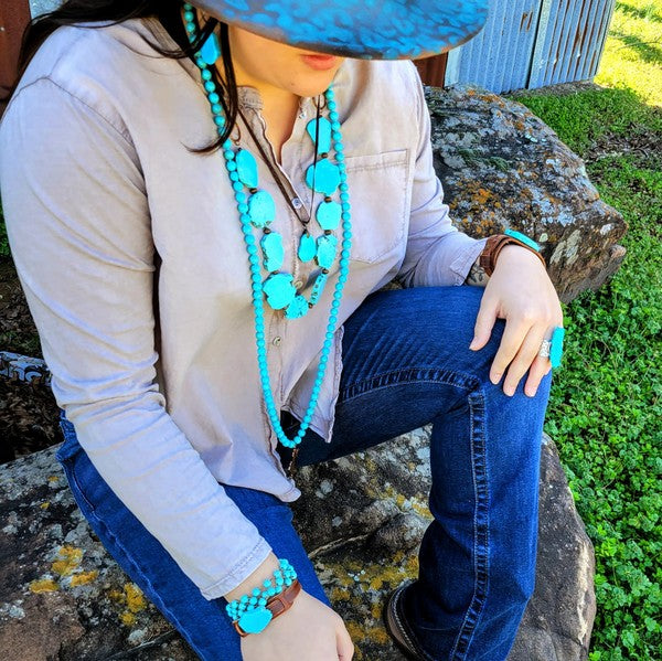 Blue Turquoise Slab on Narrow Leather Cuff Bracelet-The Jewelry Junkie-Reef Love