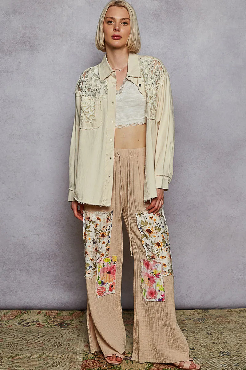 Shop POL Button Down Raw Edg Shirt with Pearl Lace Patch-available at Reef Love online boho-chic boutique