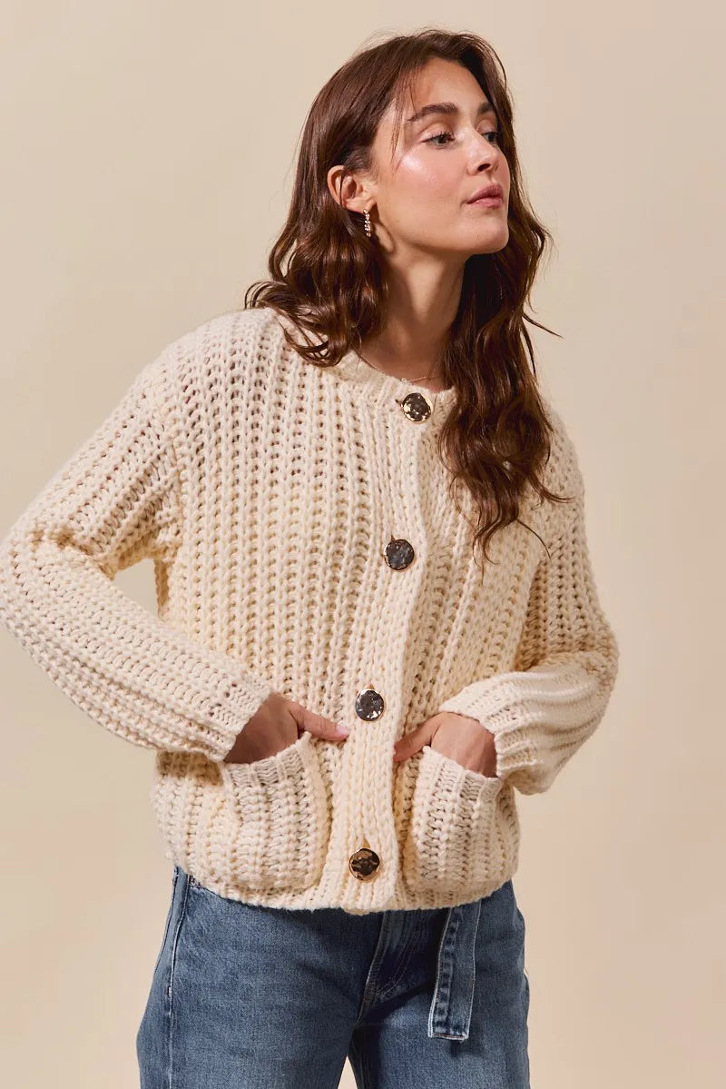 SO ME Metal Button Long Sleeve Chunky Sweater Cardigan-Reef Love Boutique