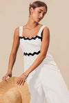 Shop Scallop Ric Rac Trimmed Wide Leg Jumpsuit-Scallop Ric Rac Trimmed Wide Leg Jumpsuit - Effortless Style, designed to impress with its distinctive scallop ric rac trim that adds a playful yet refined touch. -Reef Love Boho-Chic Boutique