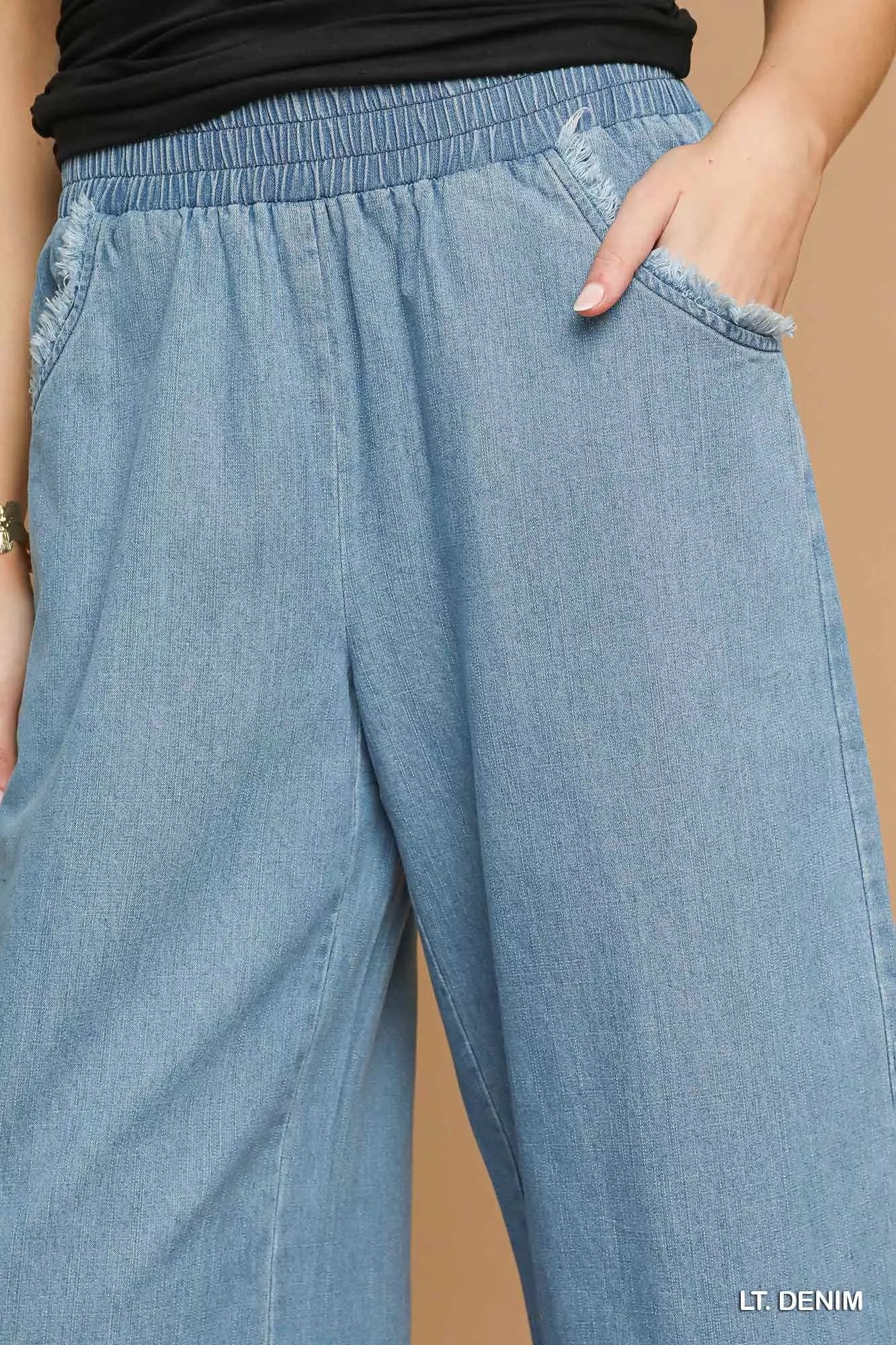 Washed Fringe Hem Wide Leg Jeans
