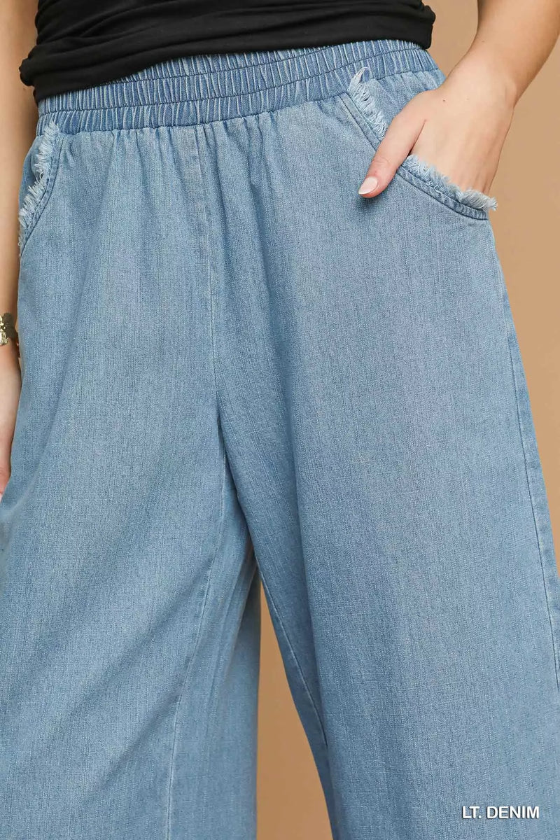 Washed Fringe Hem Wide Leg Jeans