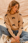 Ribbon Bow Applique Oatmeal Sweater-Reef Love